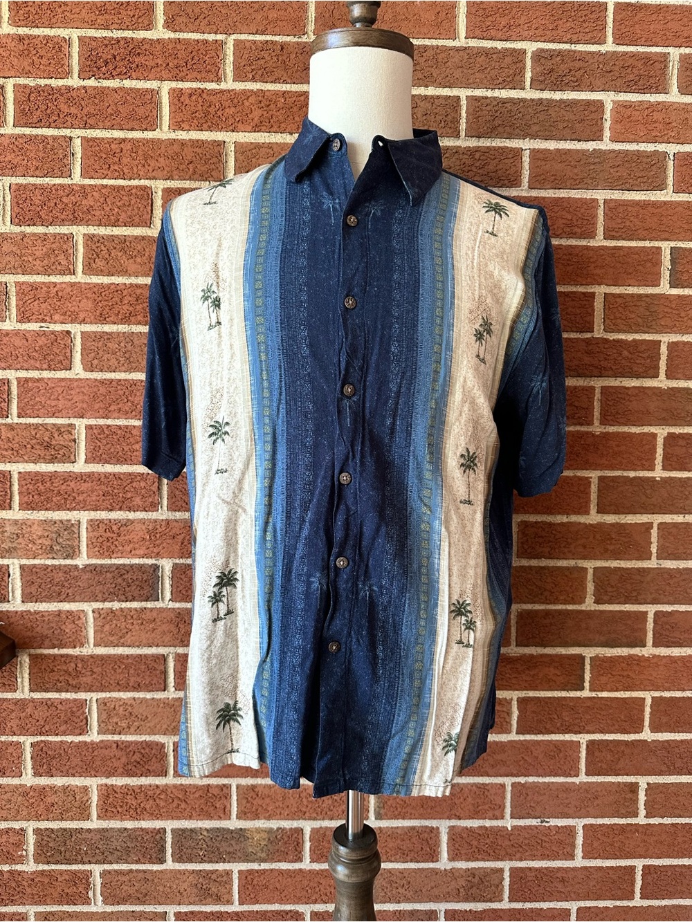 Batik Bay Mens Palm Tree Button-Up Shirt Blue Short Sleeve, L